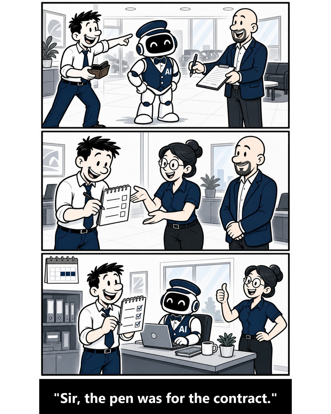 Comic in three panels. At a dealership, an excited buyer with his wallet out points at a robot in a vest marked AI while a salesman holds out a contract and a pen. The buyer takes the pen and writes a checklist on a notepad with his coworker while the salesman waits. Weeks later, on the calendar, the robot works at a desk in the office and the buyer holds up the checklist with every box ticked as his coworker gives a thumbs-up. Caption: Sir, the pen was for the contract.