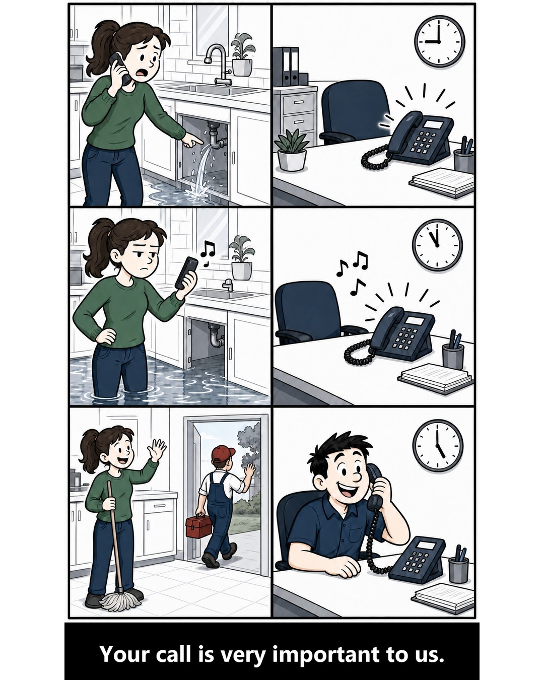 Three-panel split-screen comic. Left: a homeowner calls a plumber as water sprays from under her sink. Right: the plumbing office phone rings on an empty desk at 9 o'clock. At 11 she stands in ankle-deep water listening to hold music while the office phone still rings. At the end a different plumber walks out with the leak fixed and she waves goodbye holding a mop, while at 5 o'clock the first office finally picks up with a big smile. Caption: Your call is very important to us.