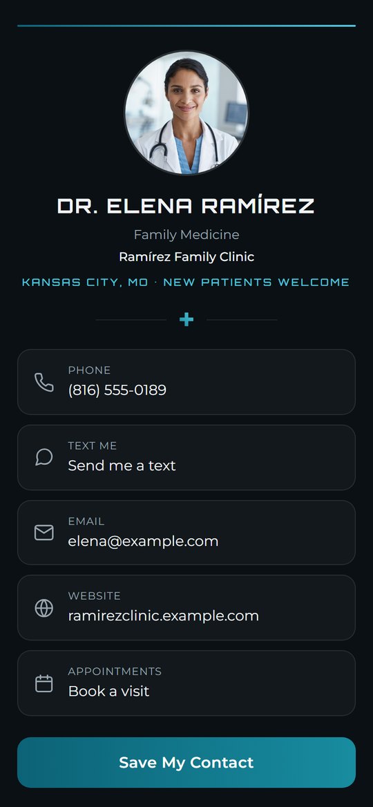 Sample card for Dr. Elena Ramírez, family doctor at Ramírez Family Clinic: photo, teal accents, call, text, email and booking buttons.