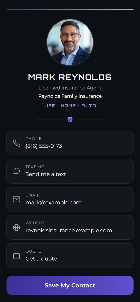 Sample card for Mark Reynolds, insurance agent at Reynolds Family Insurance: photo, indigo accents, call, text, email and booking buttons.