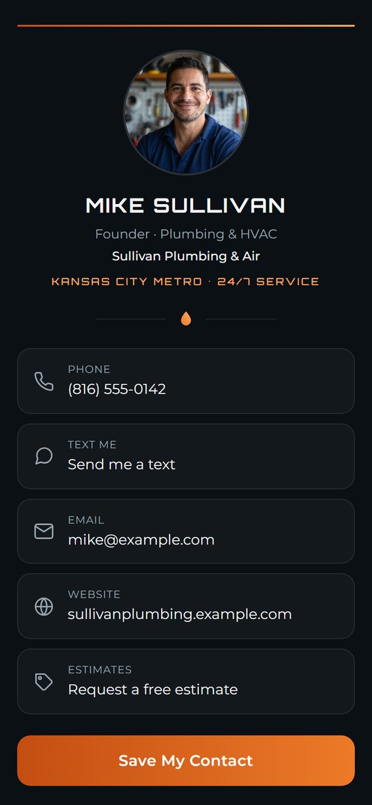 Sample card for Mike Sullivan, plumbing and HVAC owner at Sullivan Plumbing & Air: photo, orange accents, call, text, email and booking buttons.