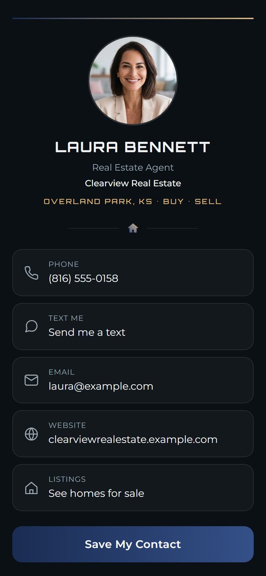 Sample card for Laura Bennett, real estate agent at Clearview Real Estate: photo, navy and champagne accents, call, text, email and booking buttons.