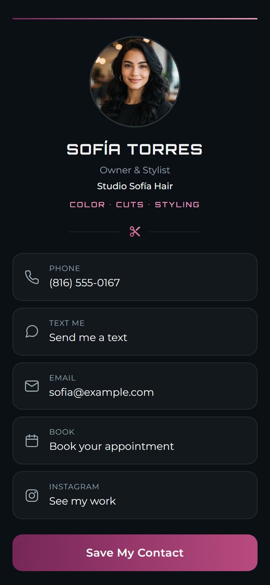 Sample card for Sofía Torres, owner & stylist at Studio Sofía Hair: photo, plum and rose accents, call, text, email and booking buttons.