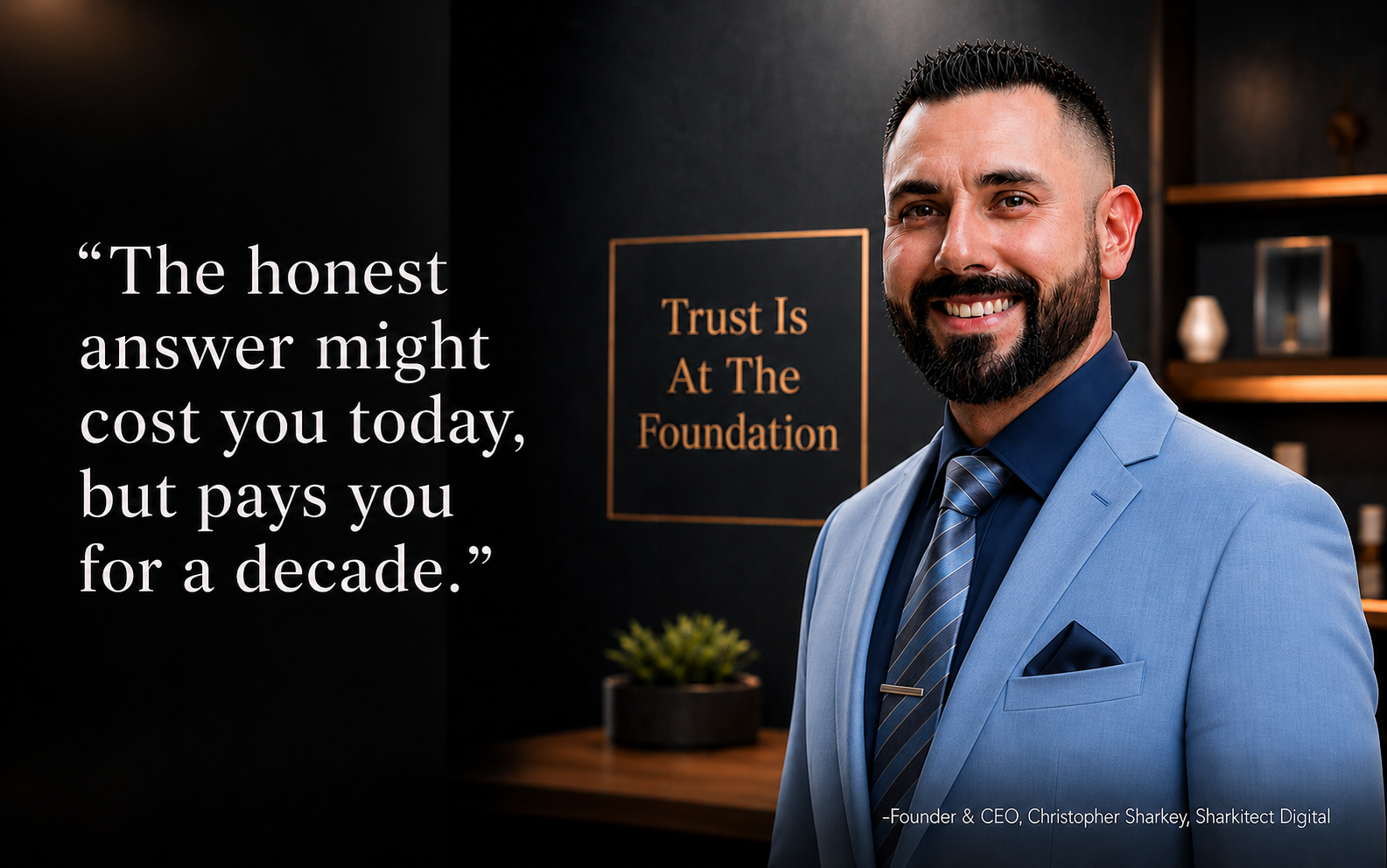 “The honest answer might cost you today, but pays you for a decade.” — Christopher Sharkey, Founder & CEO, Sharkitect Digital