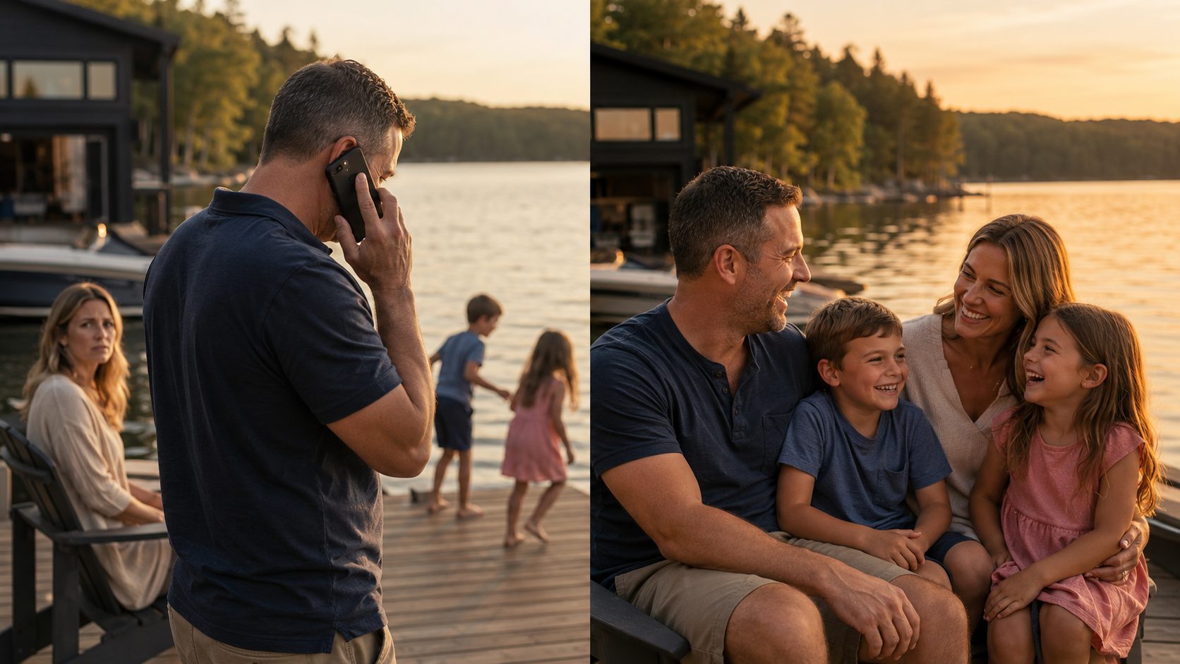 A lakeside split image: on the left, a business owner stands with his back to his family, absorbed in a work call while his wife watches, let down; on the right, the same owner is fully present with his wife and kids, laughing together with the phone put away.