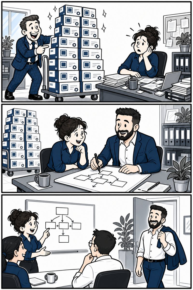 Comic in three panels. A salesman wheels a tower of software boxes up to a tired owner at her desk. Then Chris sits beside her and sketches her week as a simple flowchart while the boxes sit unused. Then she explains the same chart to her own team on a whiteboard while Chris heads out the door, smiling.