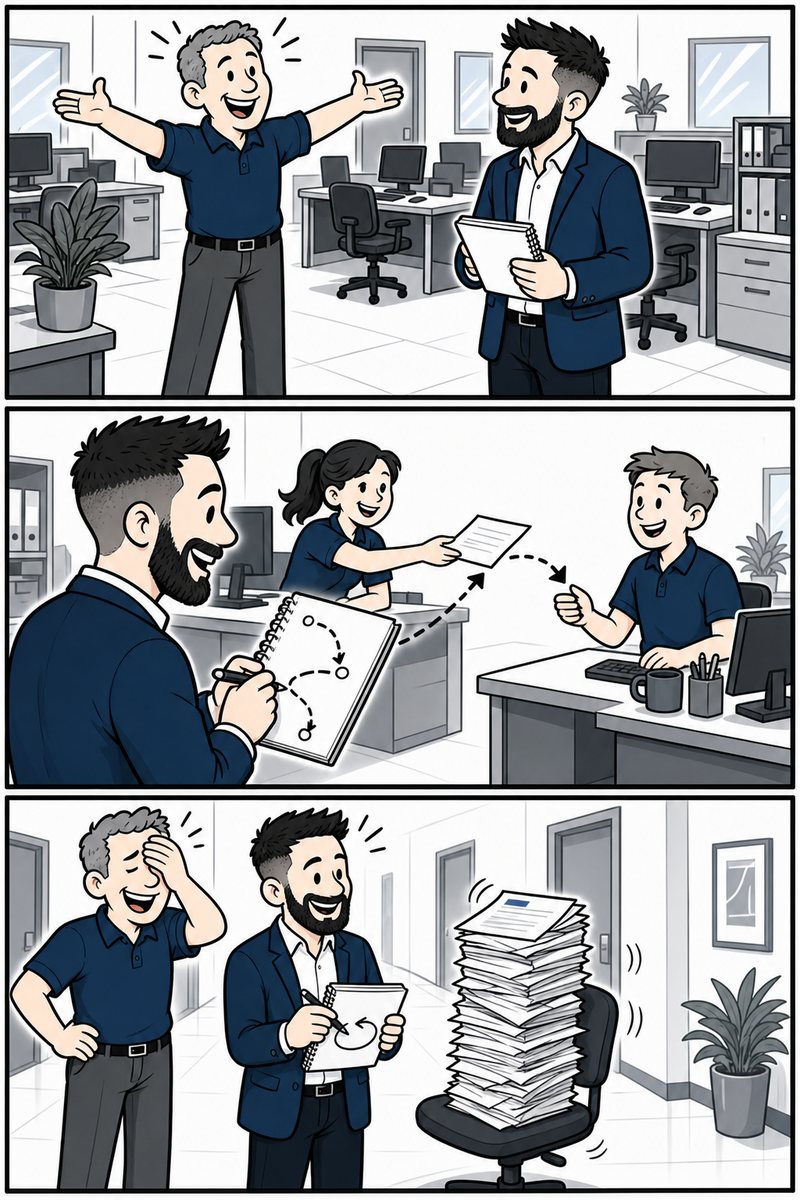 Comic in three panels. An owner proudly shows Chris around his busy office. Chris follows one customer order from desk to desk, drawing its path in his notebook. They find the order forgotten on a wobbly stack of papers on a hallway chair, and the owner laughs while Chris circles it.