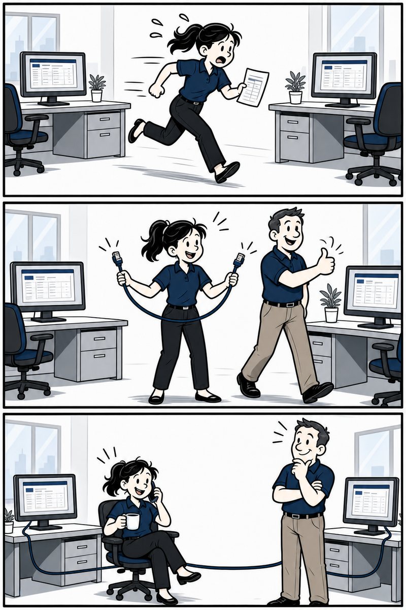 Comic in three panels. An employee runs a sheet of paper back and forth between two computers. Then she stands between them holding a cable in each hand like human wiring while the owner gives a thumbs up. Then a real cable connects the computers and she relaxes on the phone with a customer.