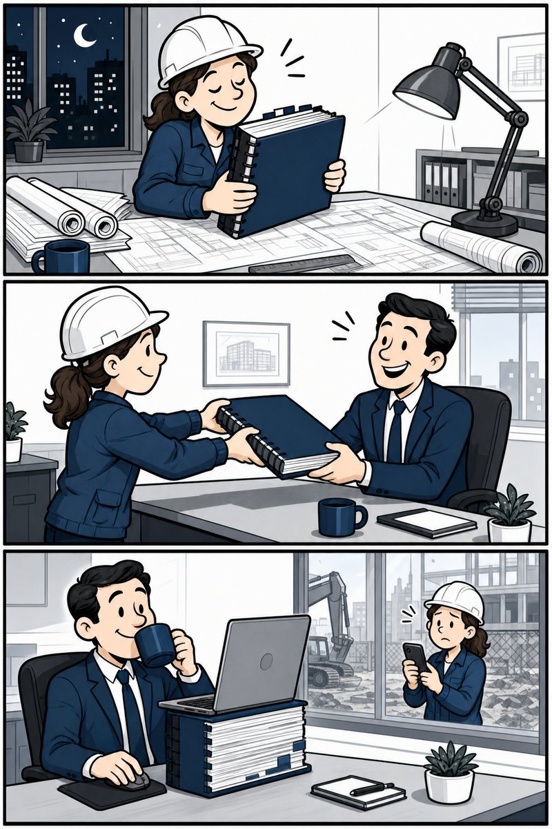 Comic in three panels. A contractor finishes a thick bid late at night. She hands it to a client, who smiles and sets it down. Weeks later the client uses the bid to prop up his laptop while she checks her silent phone on a jobsite outside.