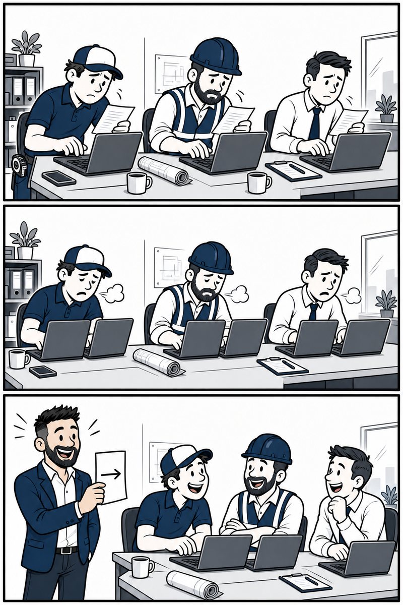 Comic in three panels. A flooring installer, a contractor and an insurance agent each type numbers into a computer. Then all three type the same numbers into a second computer, sighing in sync. Then Chris holds up one page with a single arrow and all three laugh in recognition.