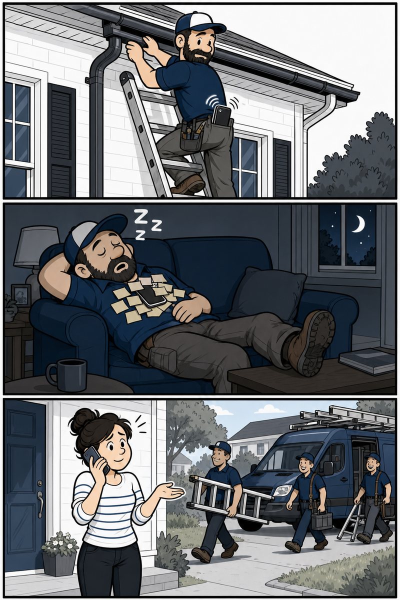Comic in three panels. A contractor on a ladder ignores a buzzing phone. That night he falls asleep on the couch under a pile of sticky notes. The next morning he calls back, and the homeowner shrugs apologetically while another contractor's crew is already unloading in her driveway.